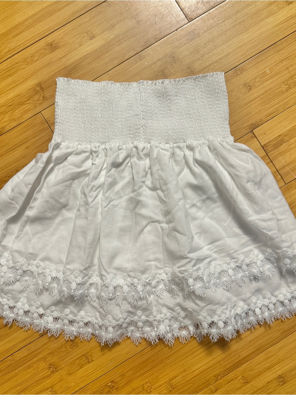 Peixoto Belle white smocked tiered miniskirt with lace